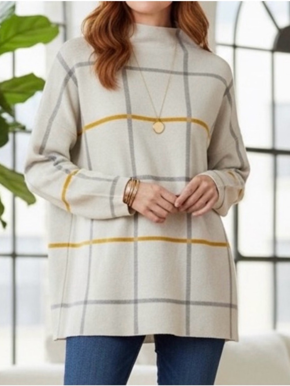 Tahari Light Gray and Rust Windowpane Plaid Funnel Neck Sweater in Size 2X